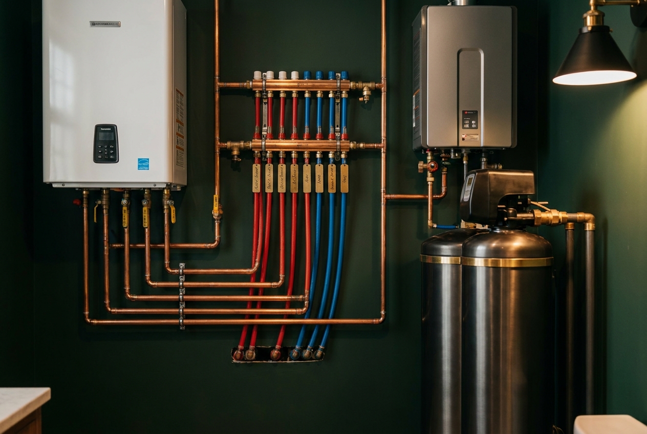 An immaculate mechanical room: wall-mounted boiler, copper and PEX hydronic manifold, tankless heater and water softener