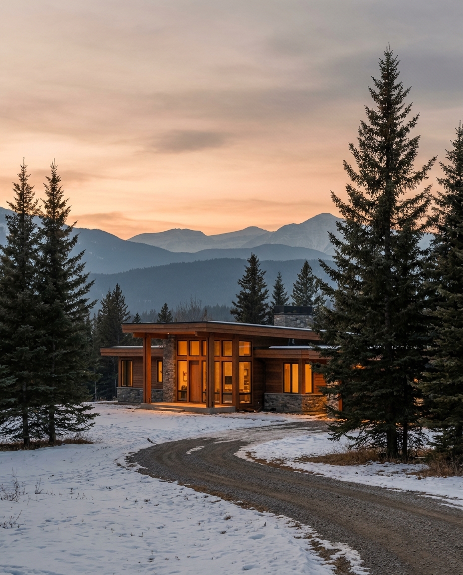 A warm-lit acreage home in the Alberta foothills at dusk, windows glowing from radiant heat inside